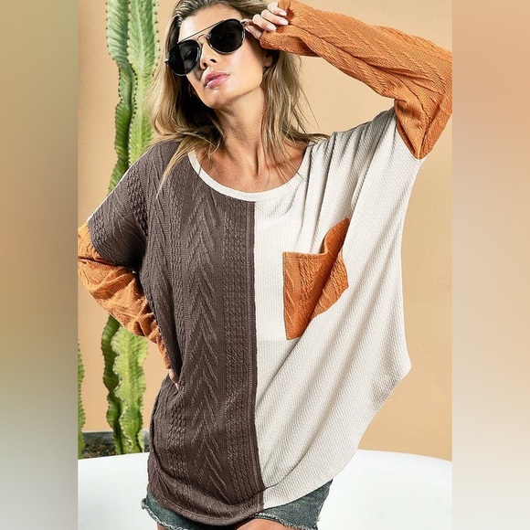 BiBi Color Block Top in Brown, Cream, and Orange - Picture 1 of 5
